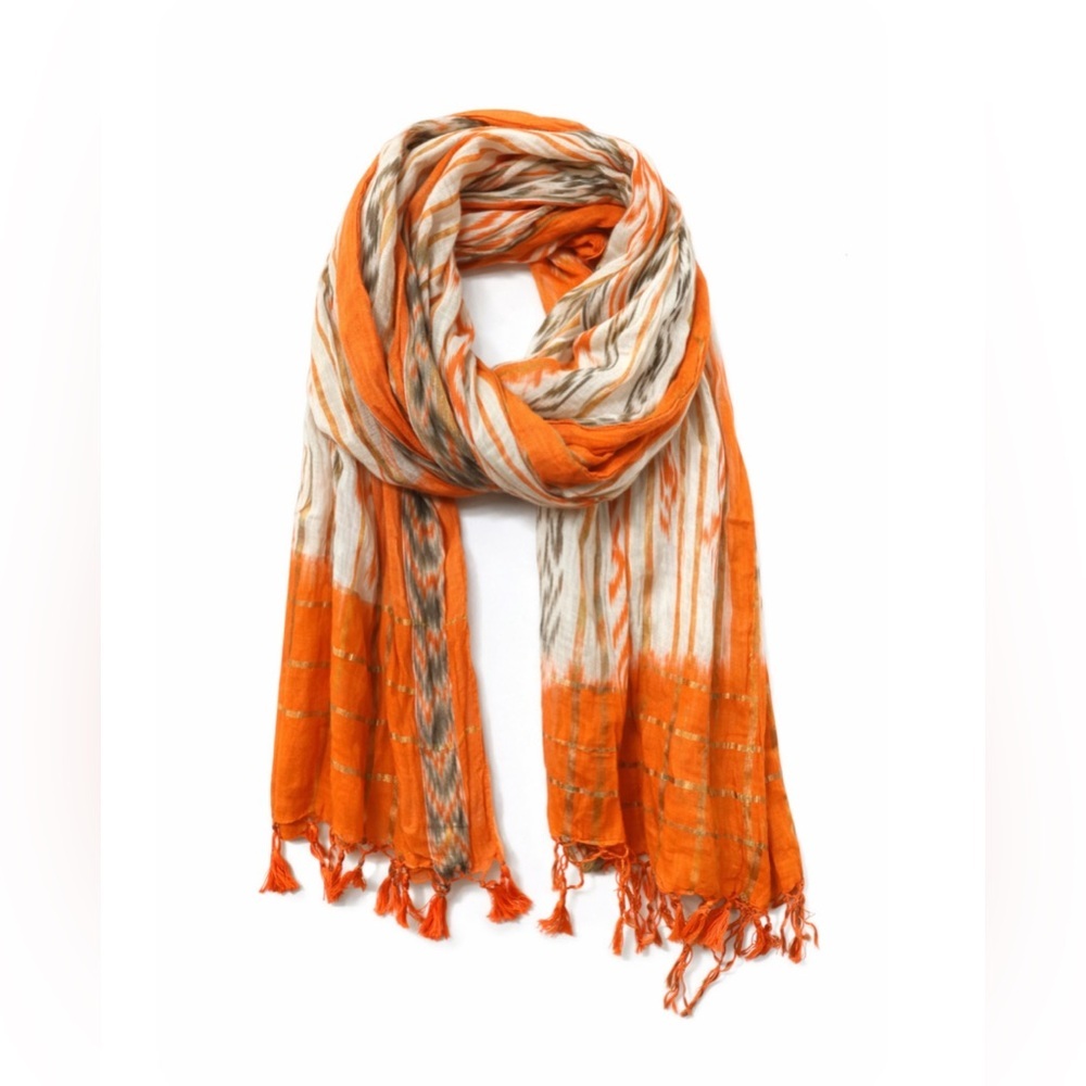 Orange Cream Ikat Stripe Scarf Shawl Wrap Metallic Thread Fringe Boho Coastal